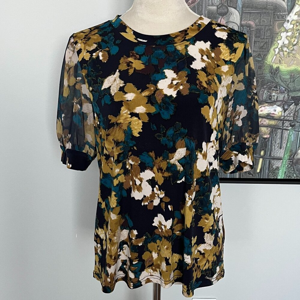 Calvin Klein Blue/Gold Floral Puff-sleeved Shirt L